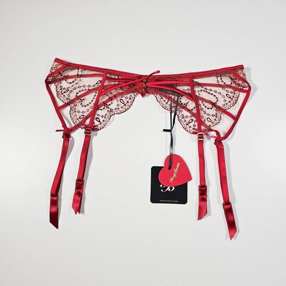 Honey Birdette Adora Crimson Red Embroidered Hearts Suspender Garter Belt Size M